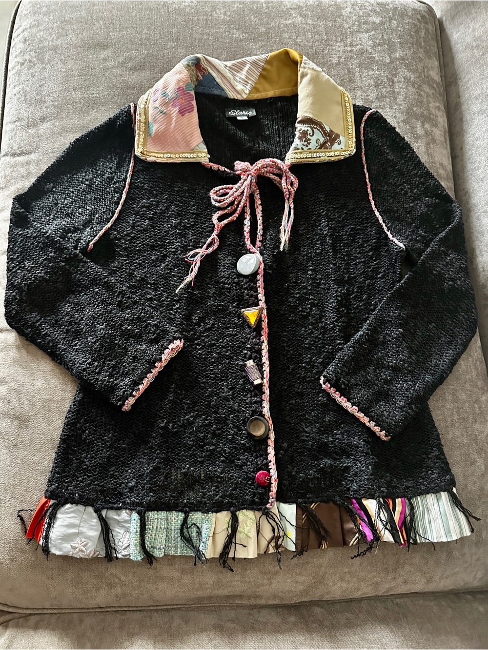 Vintage 90s ELARIS Patchwork Mixed Button Textured Cardigan Decorative Trim Boho